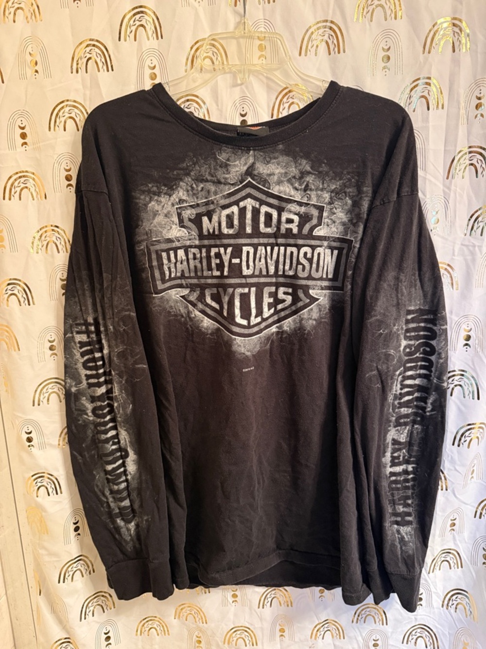 Harley-Davidson Black Long Sleeve Shield Logo Tee with Faded White Graphic